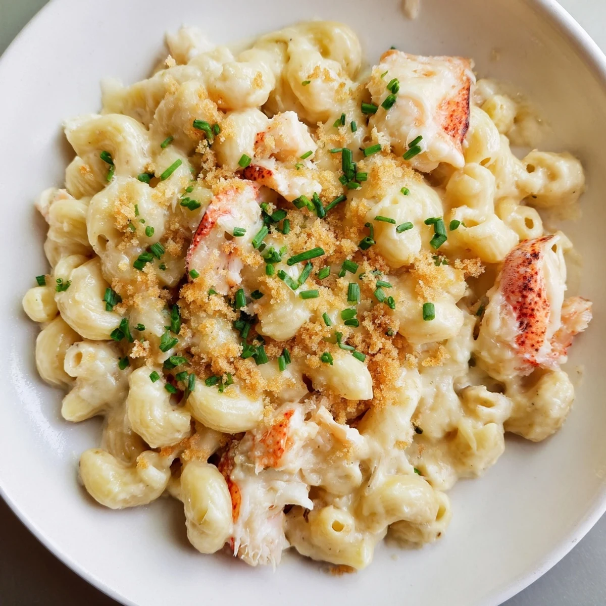 Golden baked Lobster Mac and Cheese with truffle oil, showcasing bubbly cheese and toasted panko crumbs.