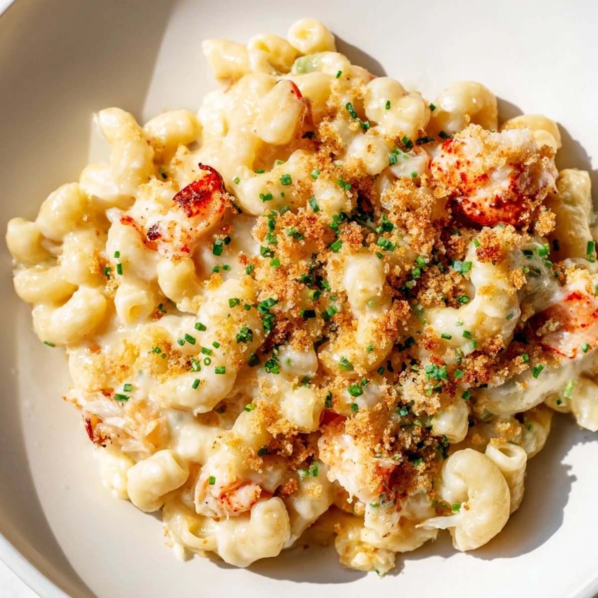 A luxurious serving of Lobster Mac and Cheese, featuring tender seafood nestled in creamy pasta with a truffle aroma.