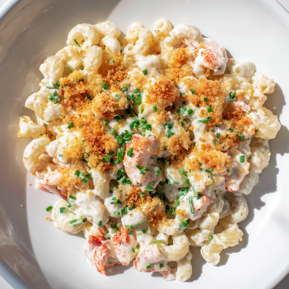 Close-up of Lobster Mac and Cheese, revealing al dente cavatappi, rich cheese sauce, and fresh chive garnish.