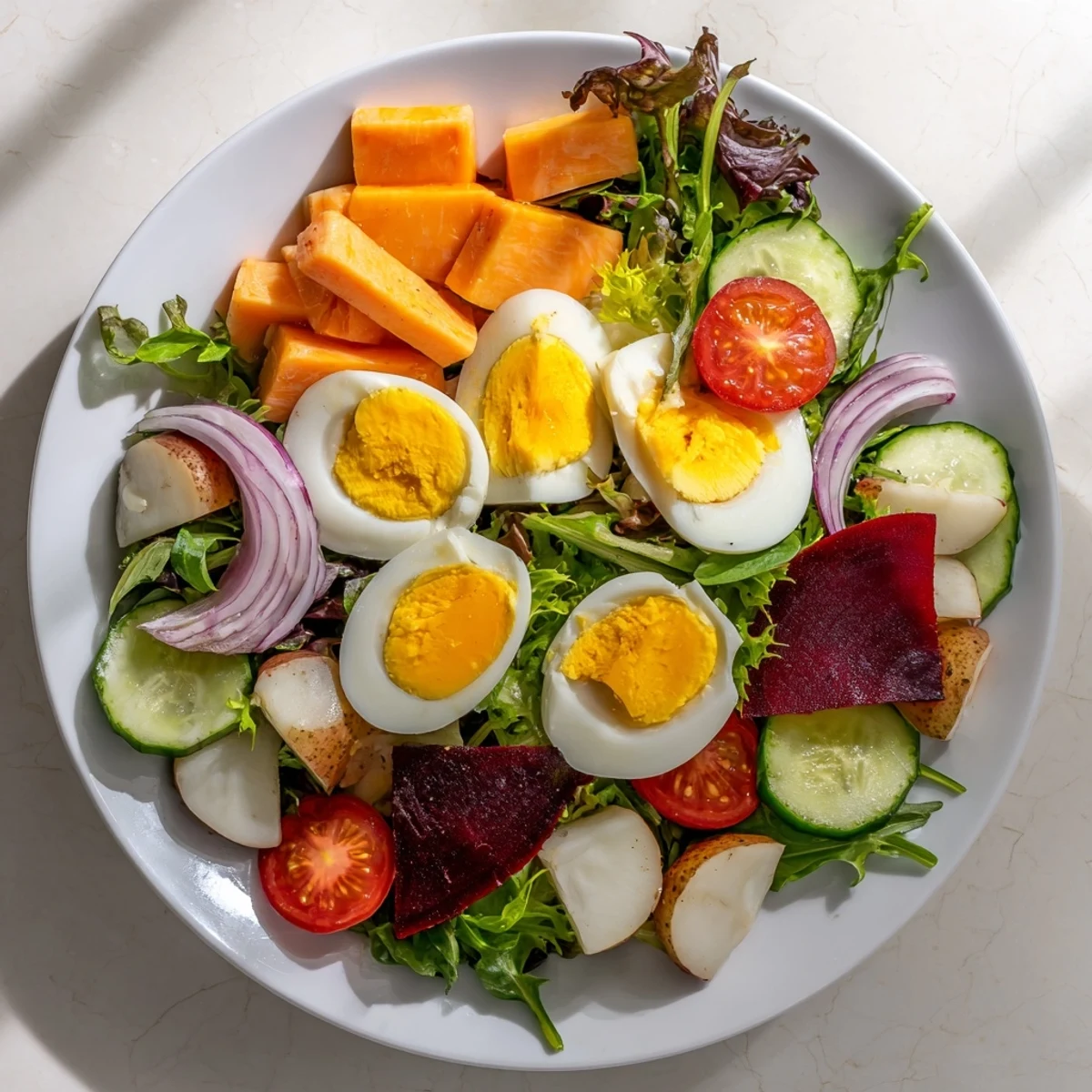 A vibrant Irish Pub Salad with hard-boiled eggs, pickled beets, and creamy cheddar on crisp greens, topped with mustard vinaigrette.