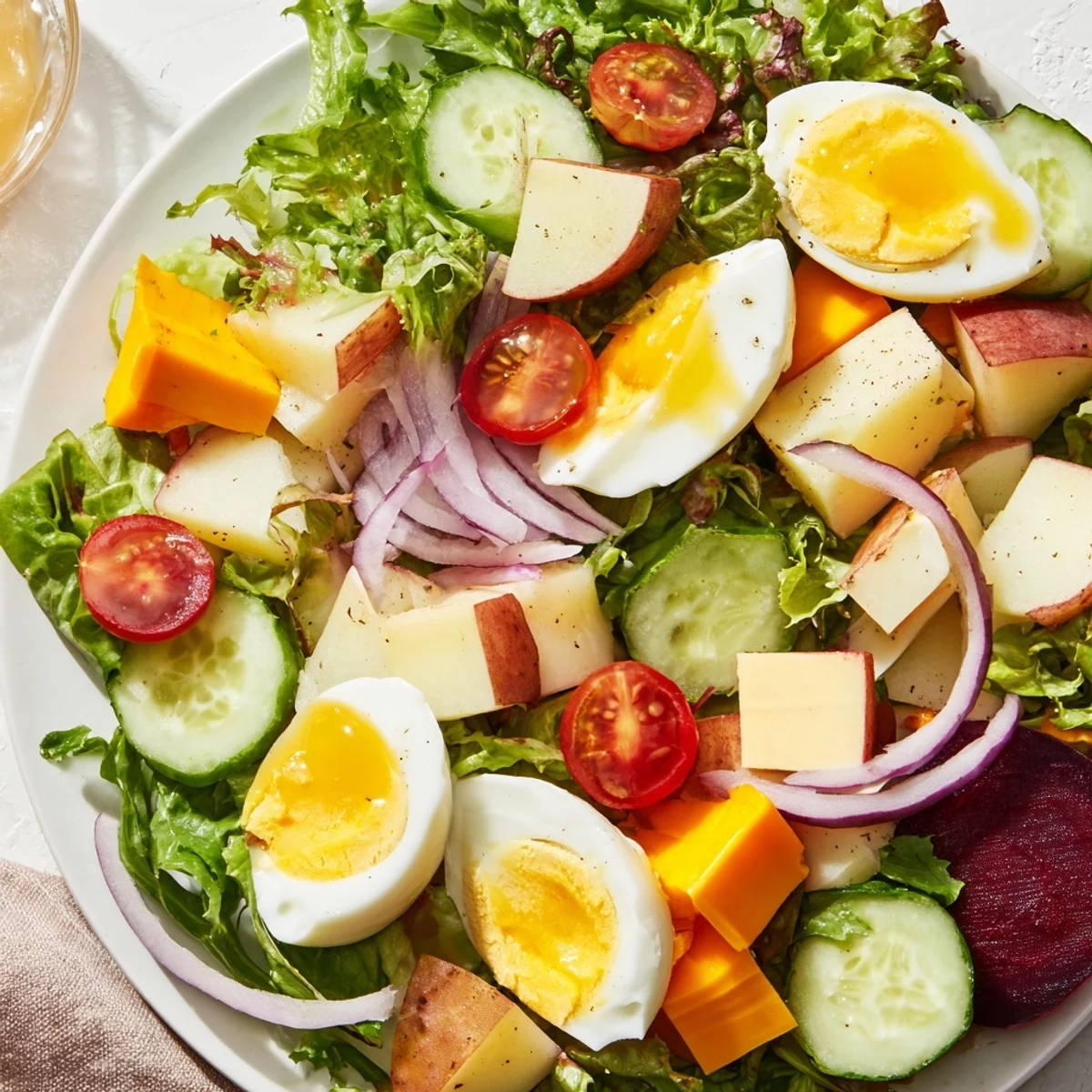 Hearty Irish Pub Salad featuring quartered hard-boiled eggs, sliced cucumbers, cherry tomatoes, and a tangy mustard vinaigrette.