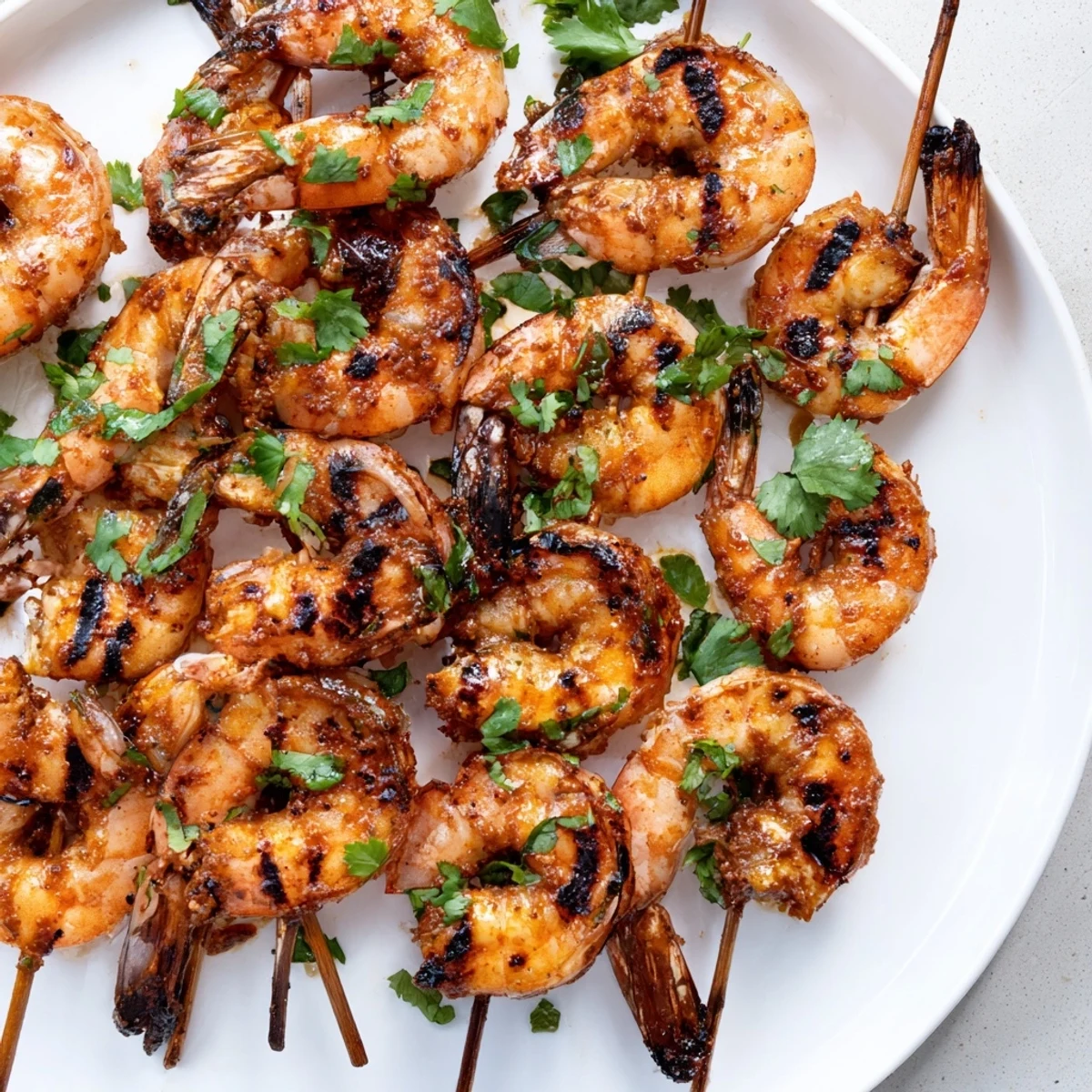 Charred and succulent Spiced Grilled Shrimp Skewers glisten with a smoky marinade, served hot off the grill for an easy summer appetizer.