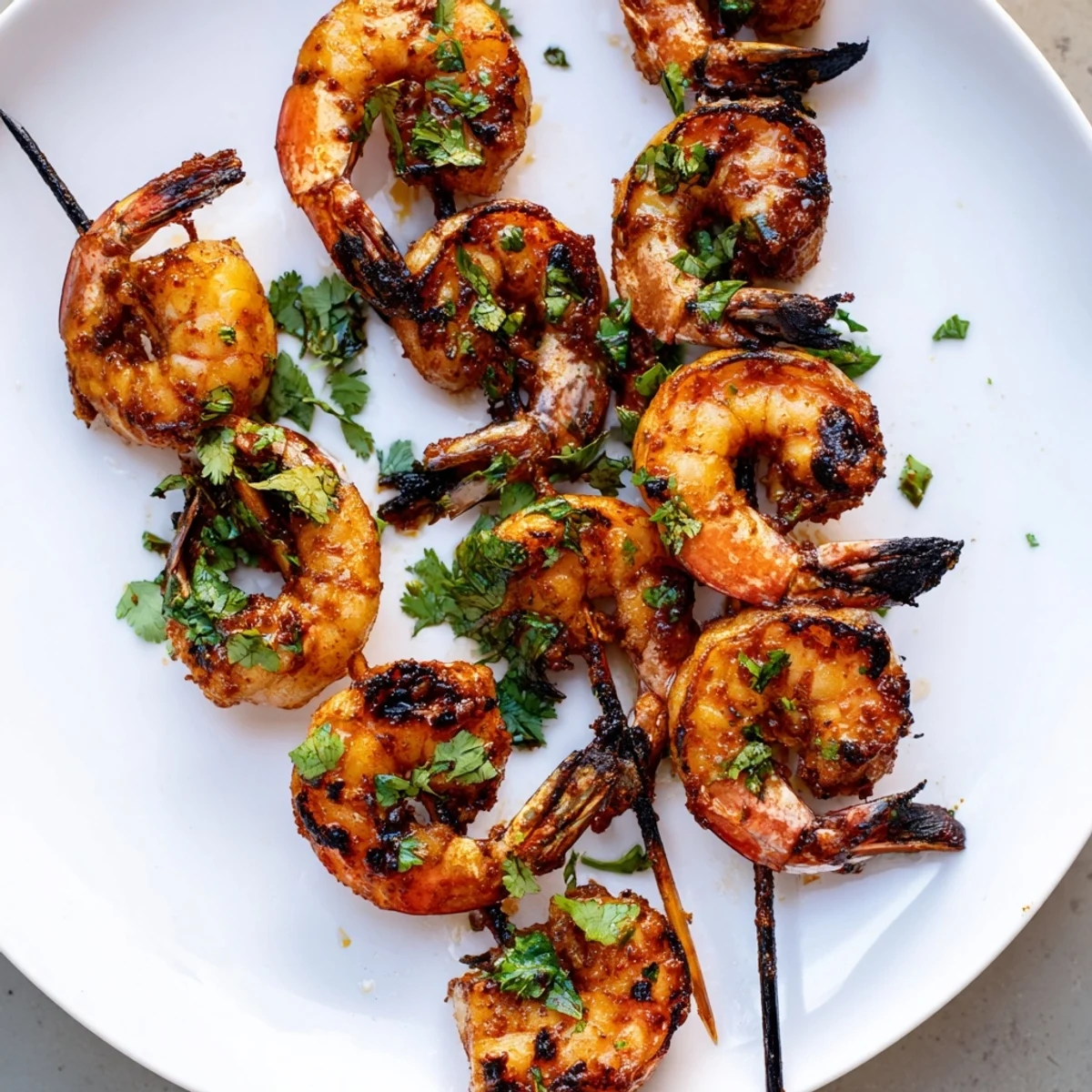 Bright lemon and cilantro garnish these Spiced Grilled Shrimp Skewers, perfectly charred and ready to serve over a fresh green salad.