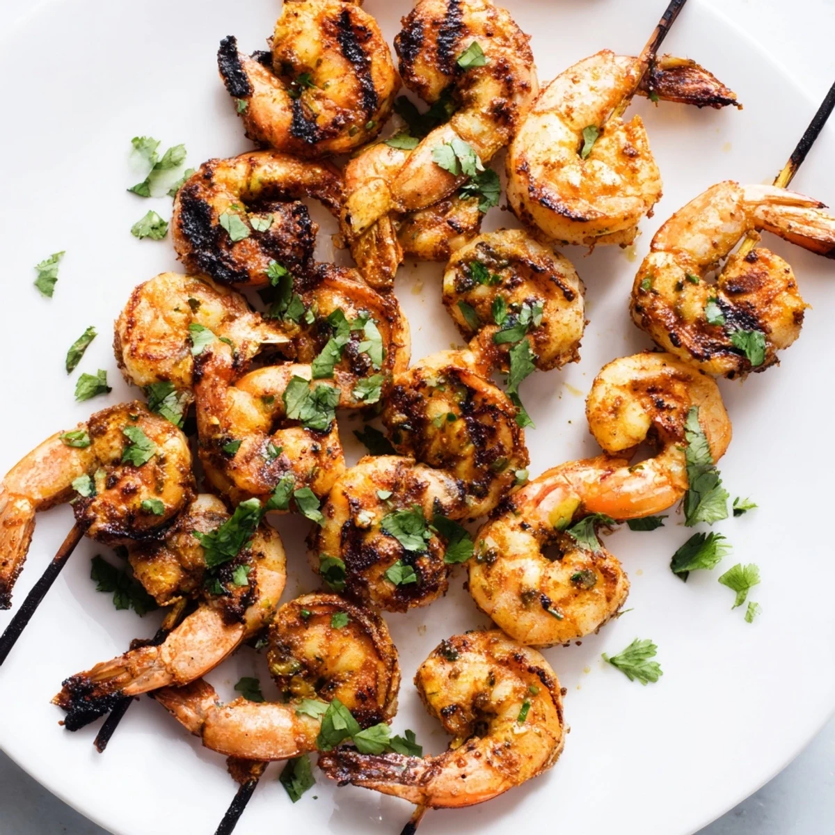 Sizzling Spiced Grilled Shrimp Skewers with visible spice crust and pink opaque shrimp, ideal for a quick gluten-free dinner or party platter.
