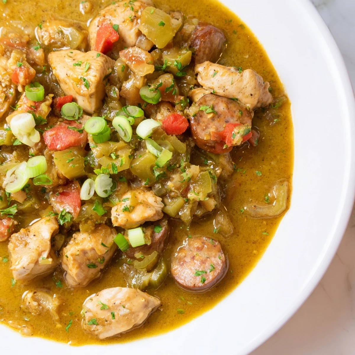 Comforting bowl of Gumbo with Turkey Sausage and Chicken, featuring tender meat pieces and a dark roux-based stew, ready to serve.