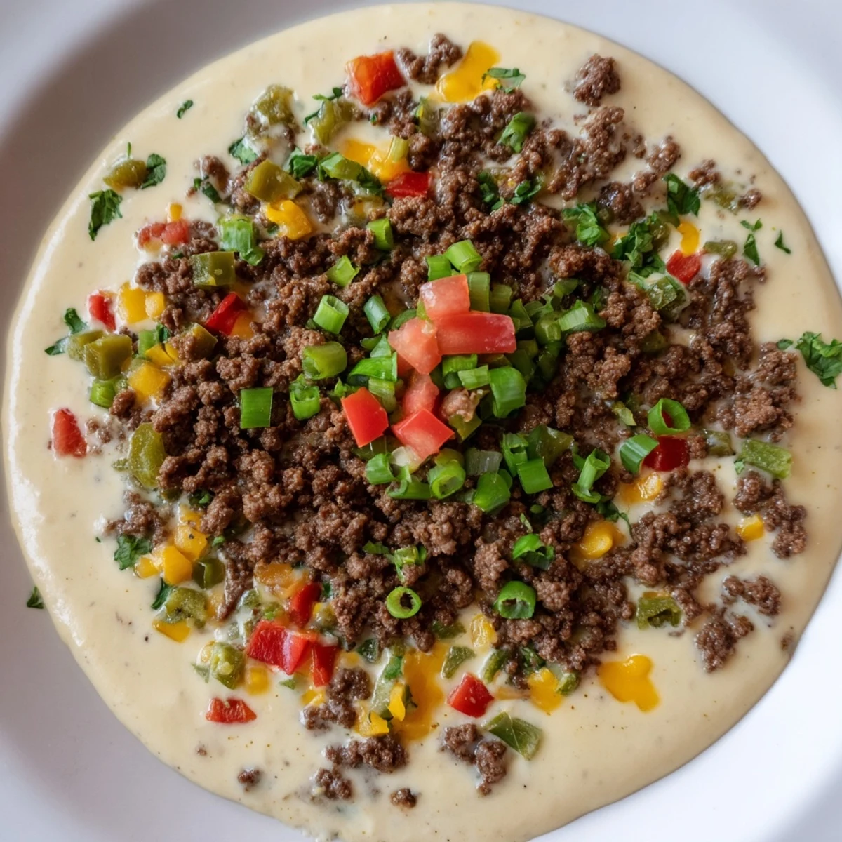 Creamy Queso Dip with Ground Beef and Peppers topped with cilantro, served warm with tortilla chips for dipping.