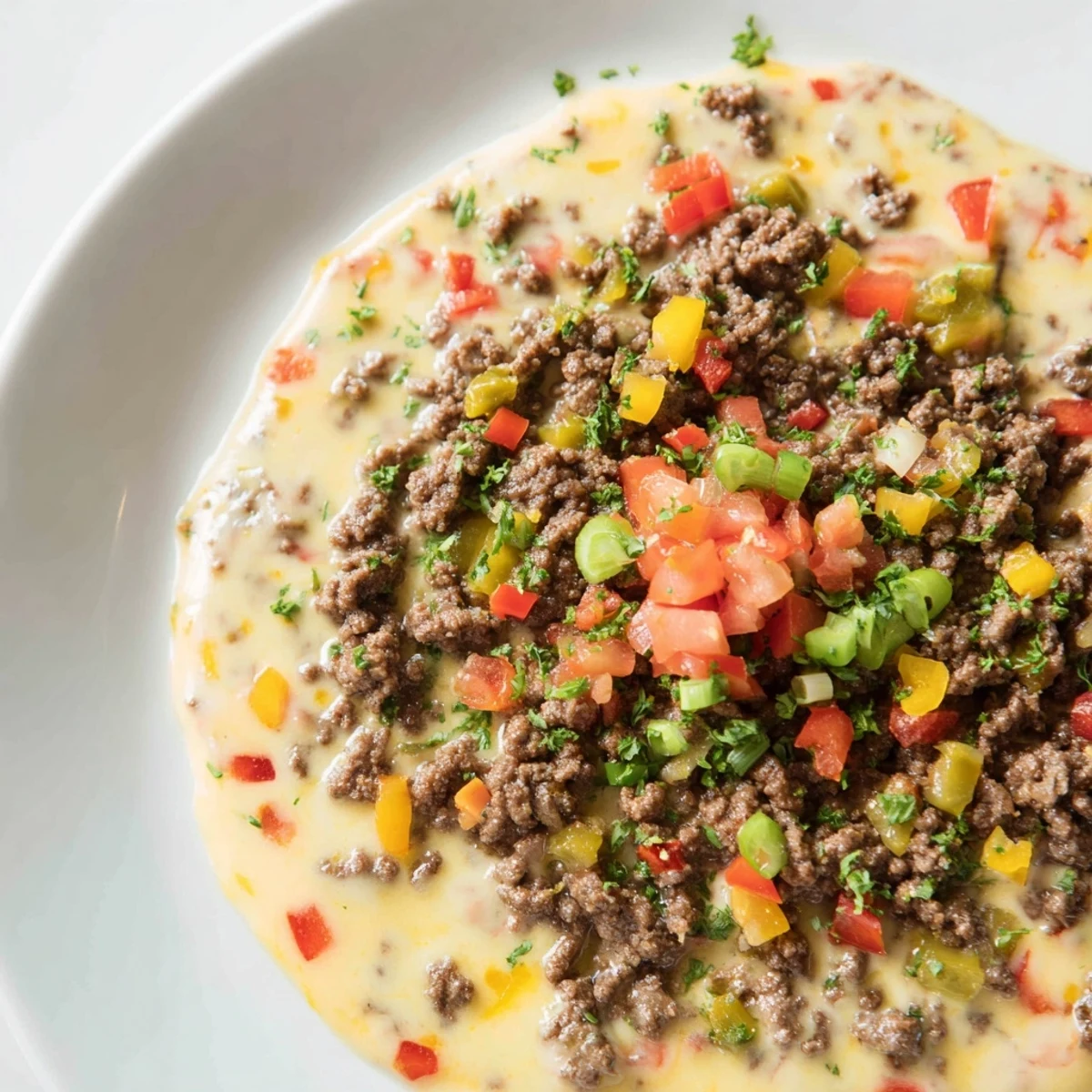 Steam rises from the Queso Dip with Ground Beef and Peppers, garnished with tomatoes and green onions, alongside crunchy dippers.