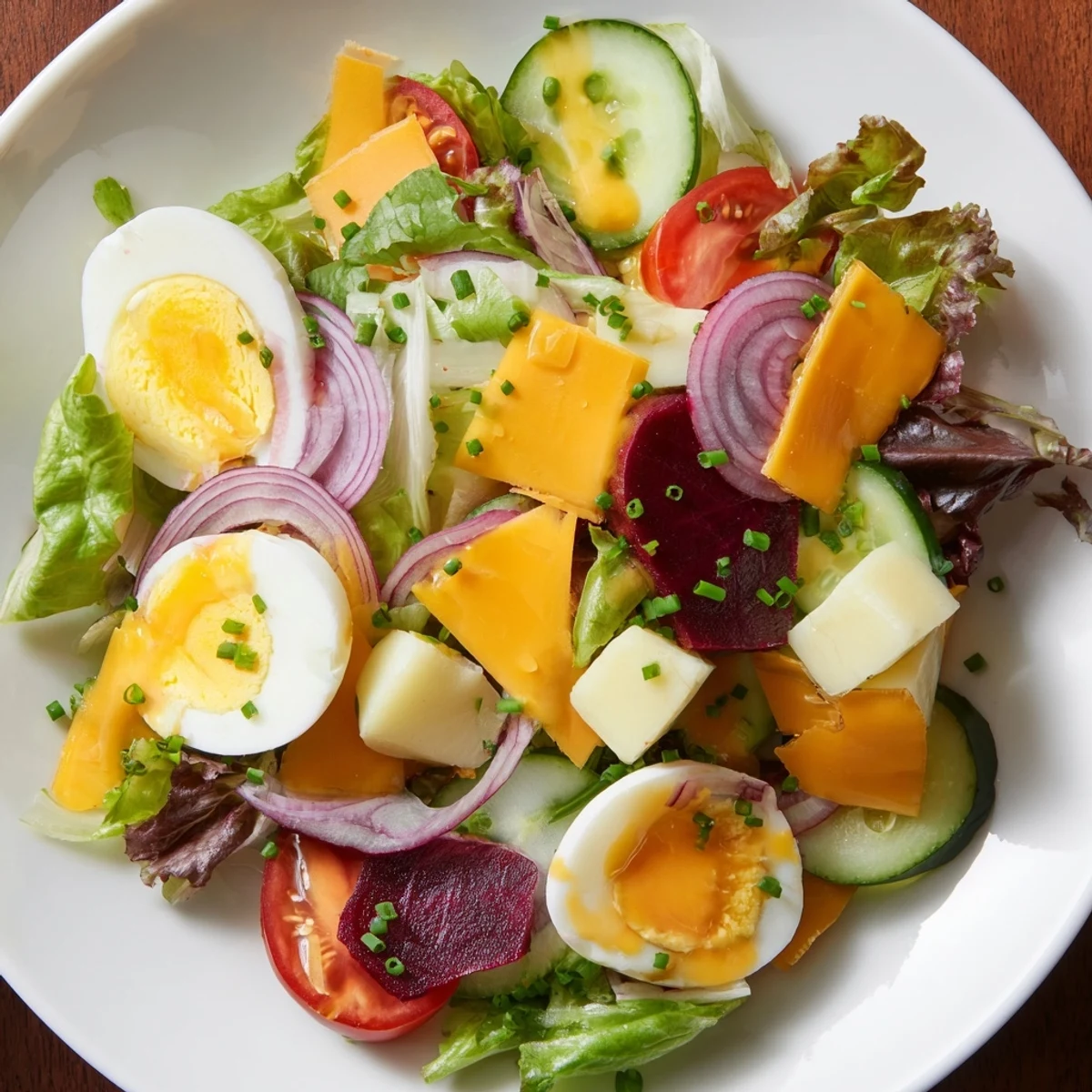 Freshly halved hard-boiled eggs rest on a bed of crisp greens with cherry tomatoes, cucumbers, and sharp cheddar for this vibrant Irish Pub Salad with Hard Boiled Eggs.
