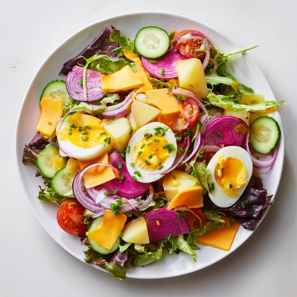 Golden roasted potatoes and pickled beets add texture and color to the hearty Irish Pub Salad with Hard Boiled Eggs, drizzled in a tangy mustard vinaigrette.