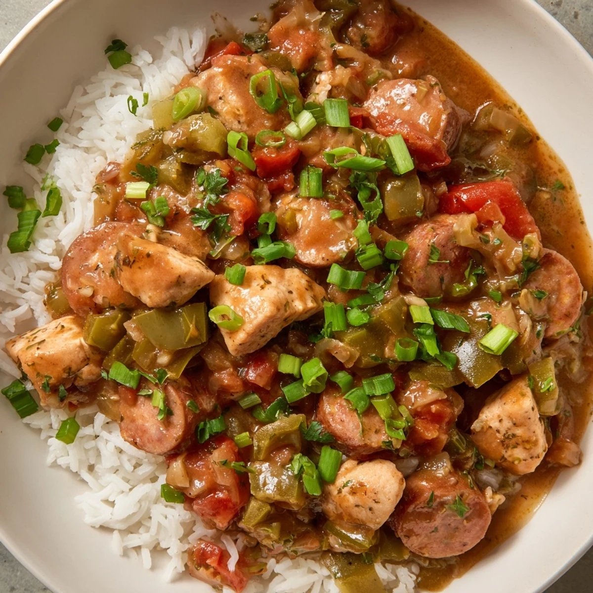 Close-up of a steaming bowl of Gumbo with Turkey Sausage and Chicken, served over fluffy white rice and garnished with fresh parsley.