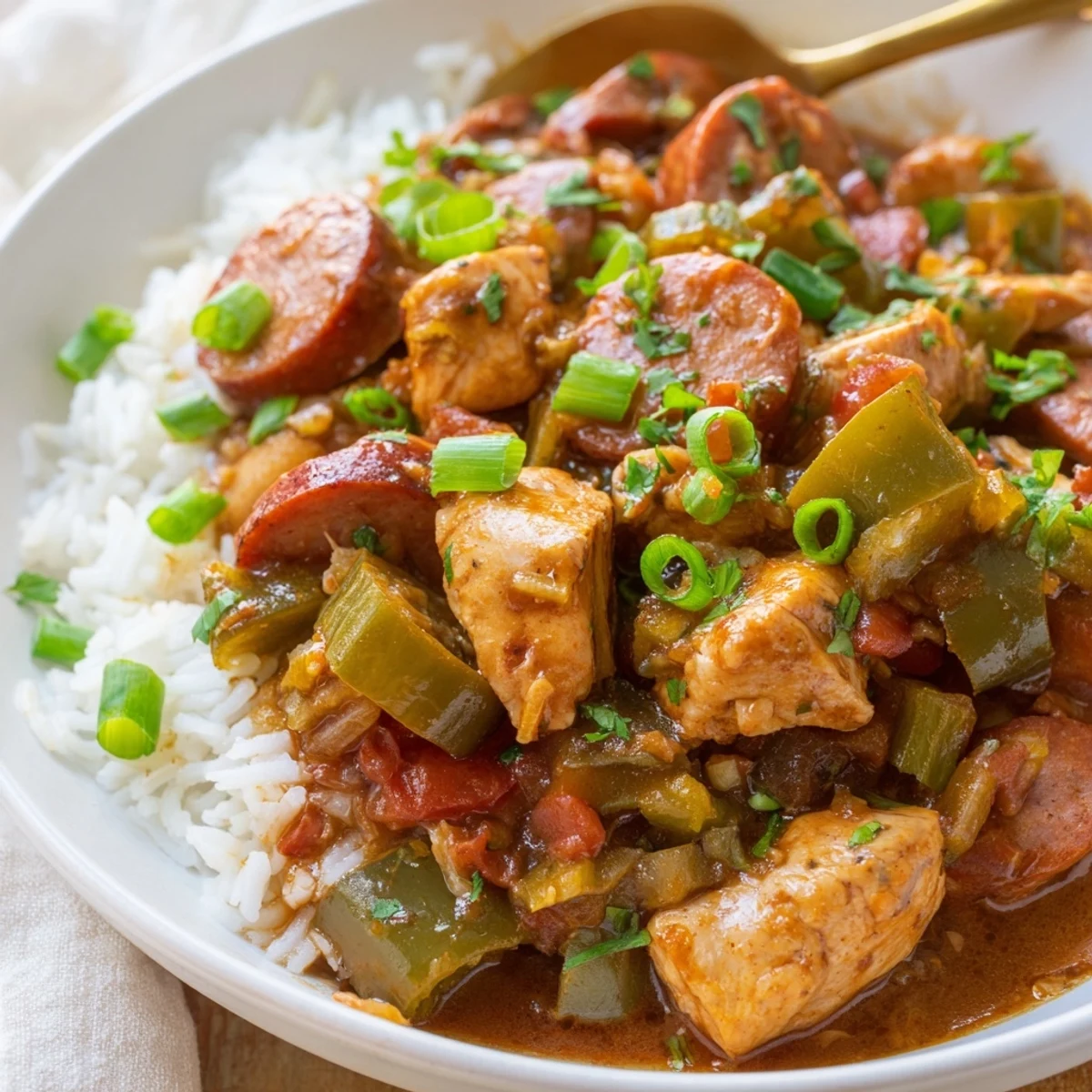 A hearty pot of Gumbo with Turkey Sausage and Chicken simmering on the stove, featuring rich, dark roux and sliced okra.