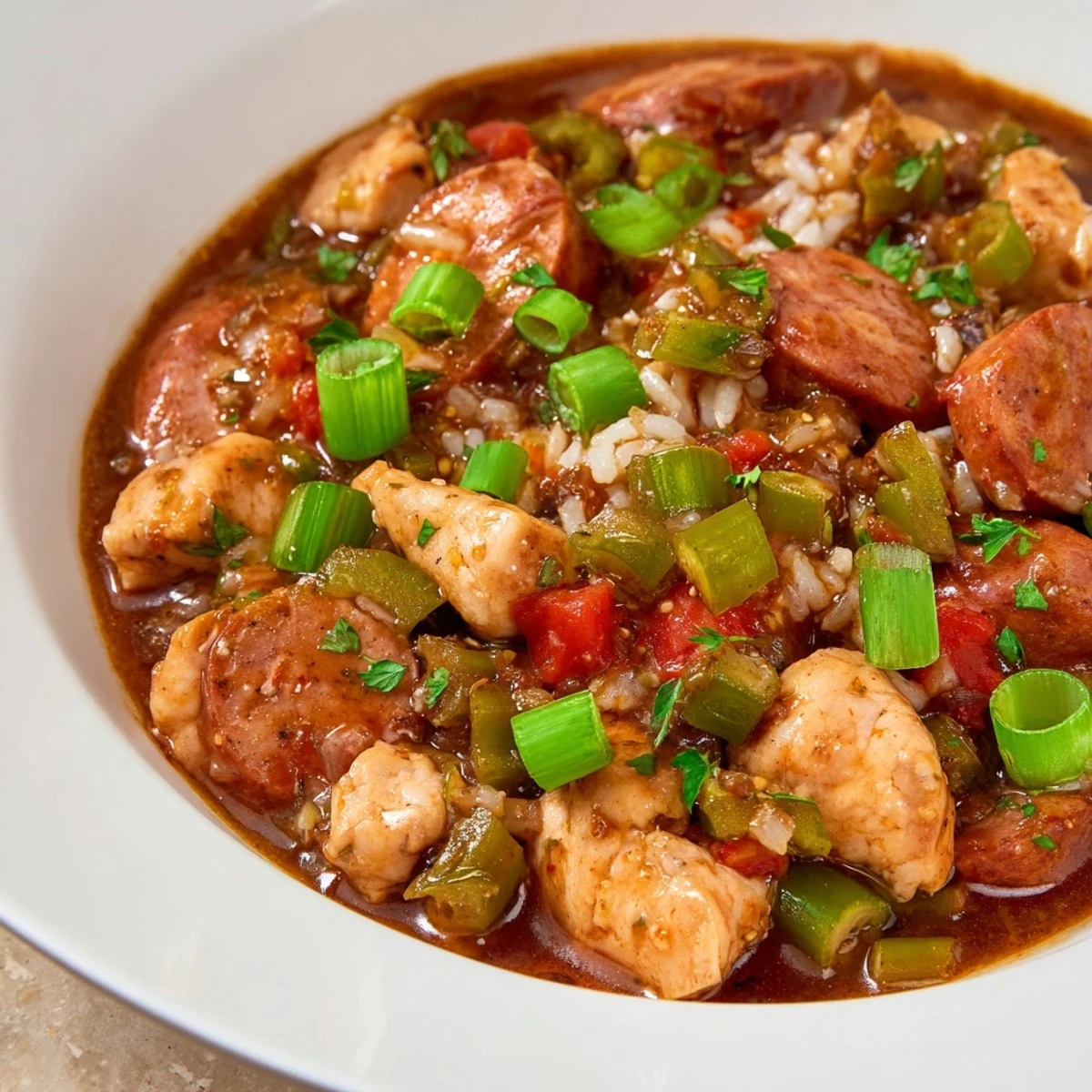 A rustic serving of Gumbo with Turkey Sausage and Chicken in a clay bowl, garnished with green onions and a dash of hot sauce.