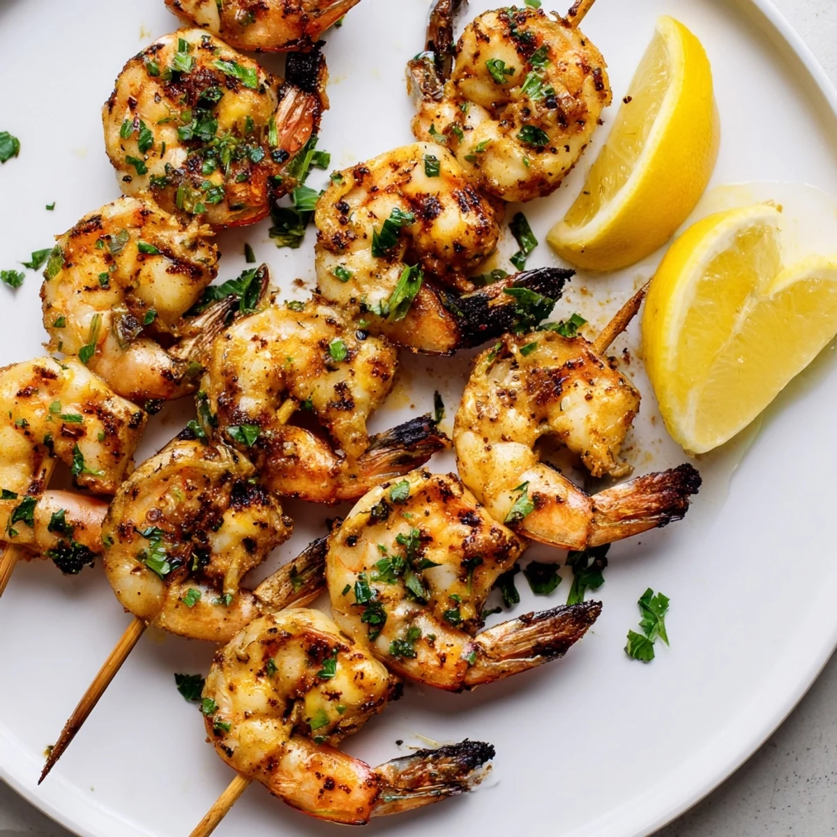 Platter of golden-brown Spiced Grilled Shrimp Skewers with Lemon, lightly charred, paired with lemon wedges and parsley for a gluten-free appetizer.