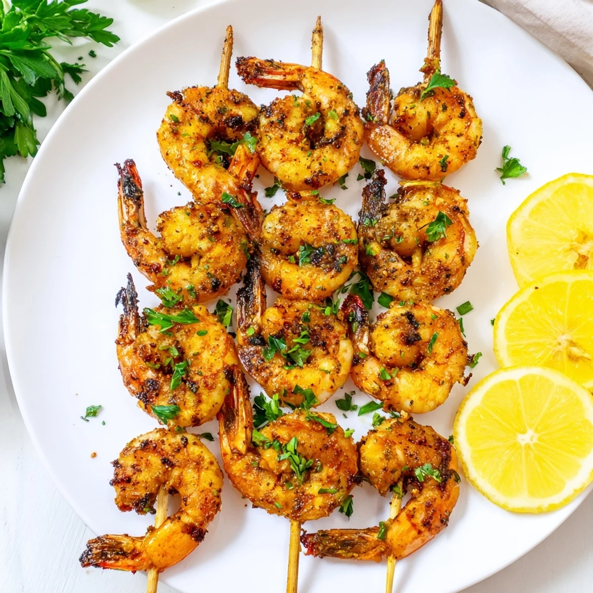 Bright red grilled shrimp skewers with char marks, seasoned with Spiced Grilled Shrimp Skewers with Lemon, served on a platter with lemon wedges and fresh parsley.