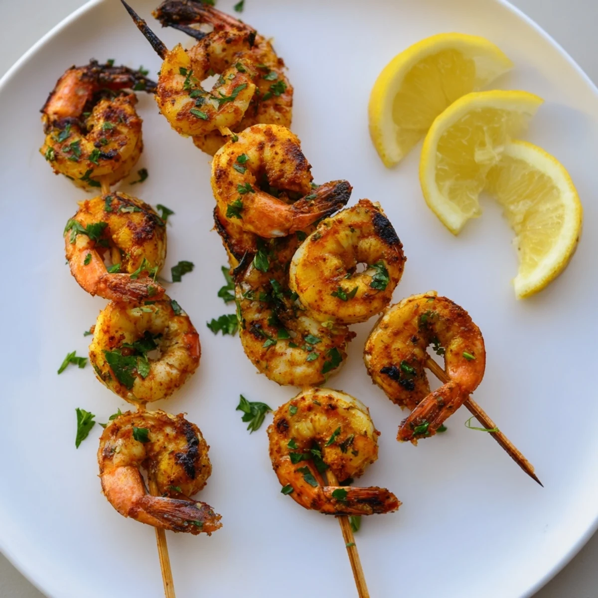 Close-up of succulent Spiced Grilled Shrimp Skewers with Lemon on the grill, releasing savory steam, garnished with fresh herbs and citrus wedges.