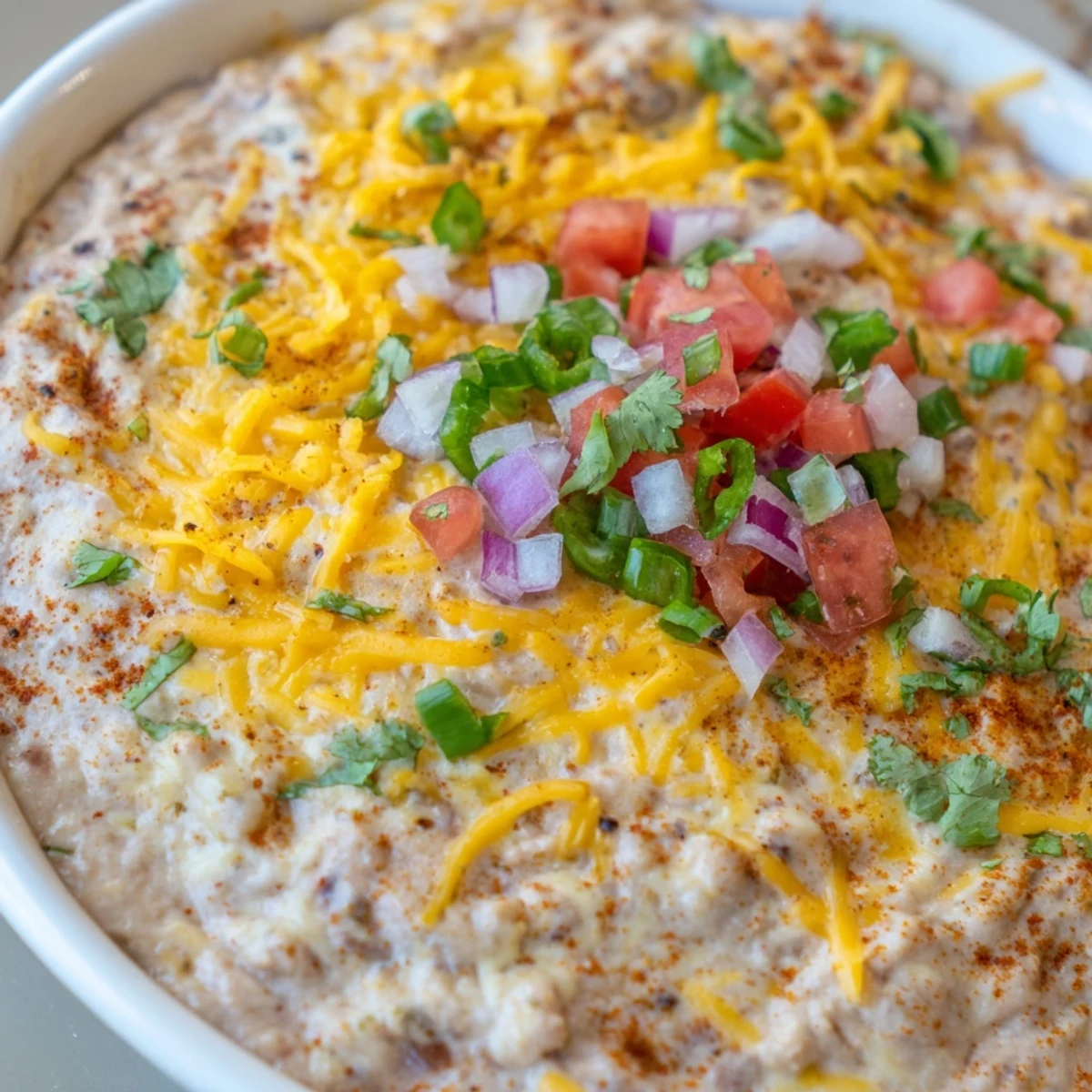 Warm Bean Dip with Cheddar Cheese bubbling in a dish, topped with fresh cilantro, diced tomato, and green onions.
