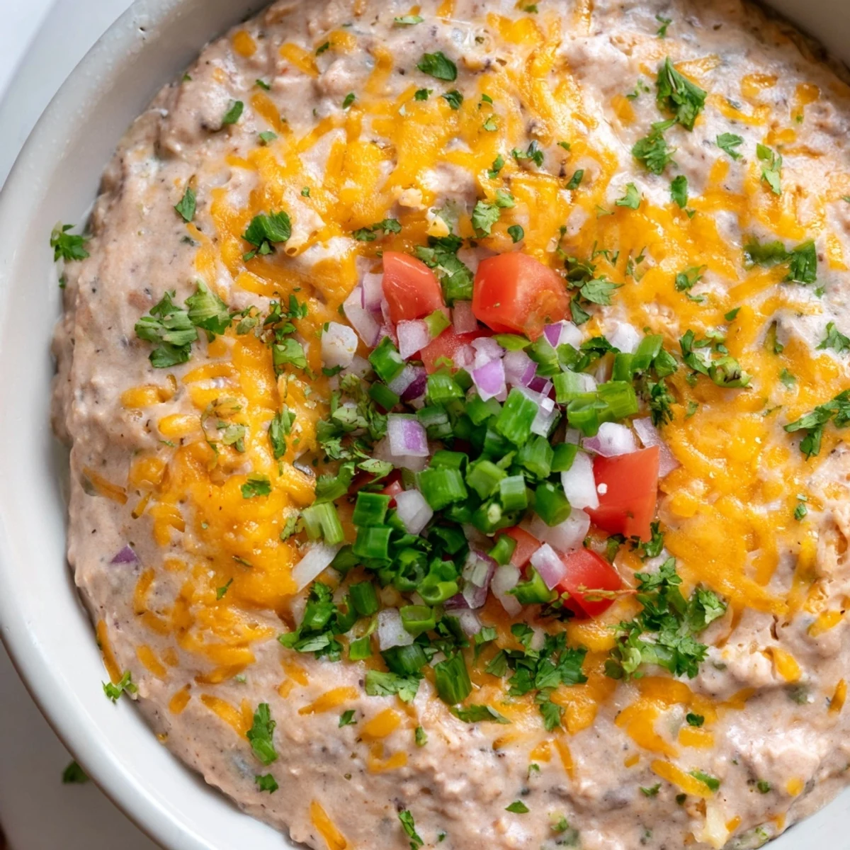 Golden, gooey Bean Dip with Cheddar Cheese served with crunchy tortilla chips and colorful veggie sticks.