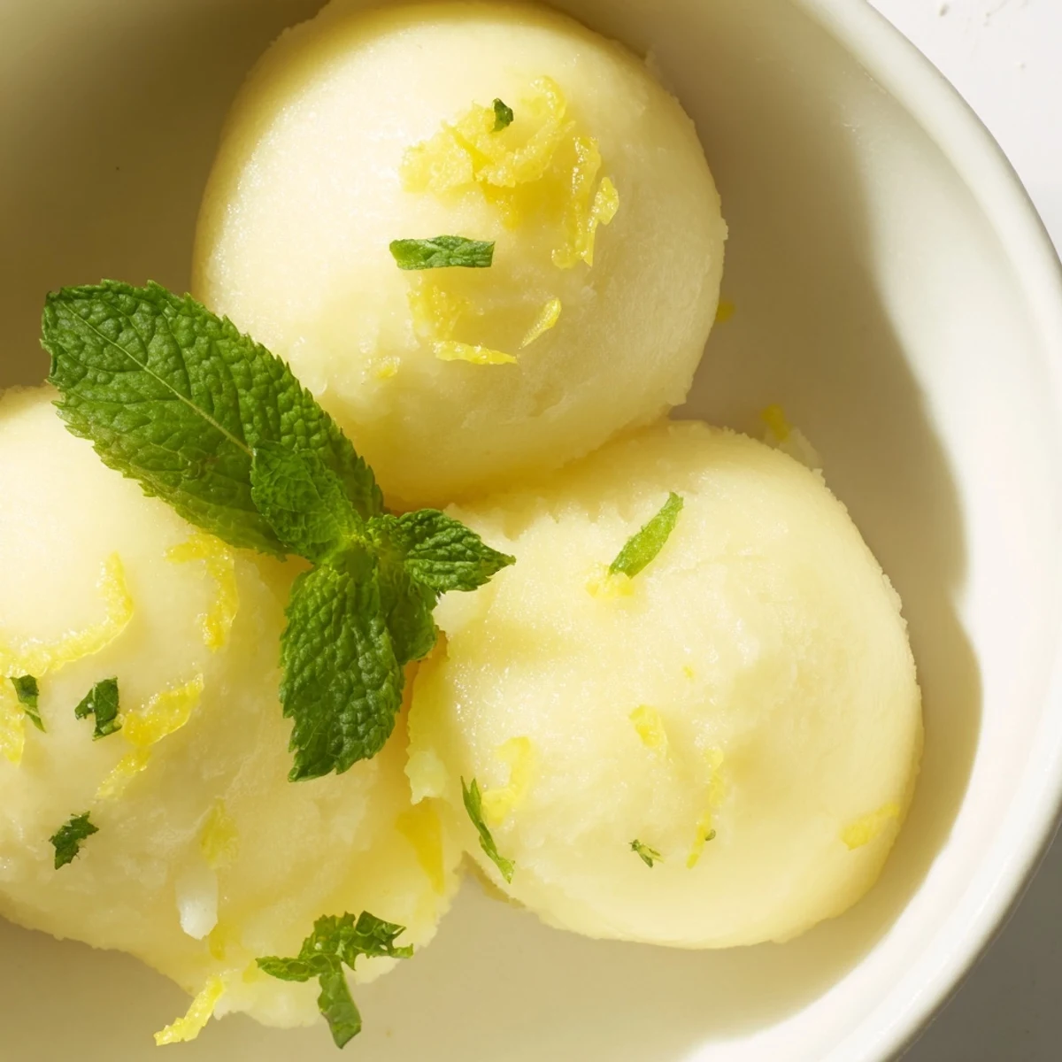 Bright yellow Lemonade Sorbet with Mint Garnish in a glass bowl, topped with fresh mint leaves and lemon zest.