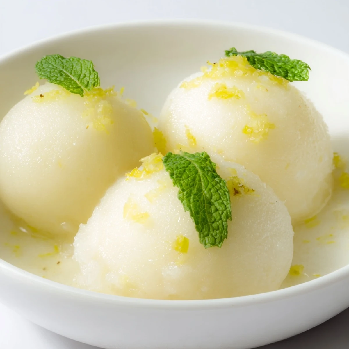 Homemade Lemonade Sorbet with Mint Garnish in a freezer container, ready to scoop, with lemon slices and mint nearby.
