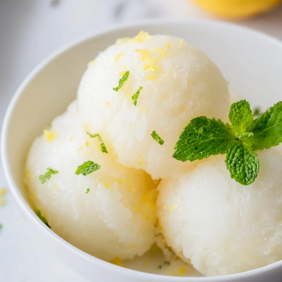 A scoop of vibrant Lemonade Sorbet with Mint Garnish served in chilled glasses, glistening with condensation on a summer table.