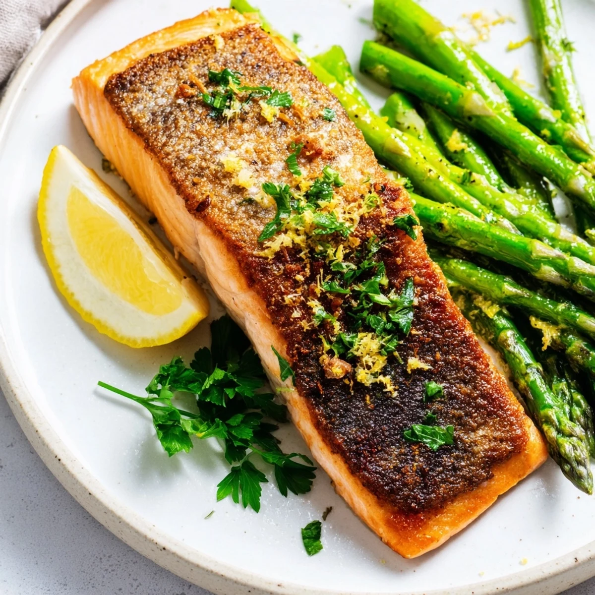 Golden pan-seared salmon with crispy skin and bright green asparagus spears, served with fresh lemon wedges.