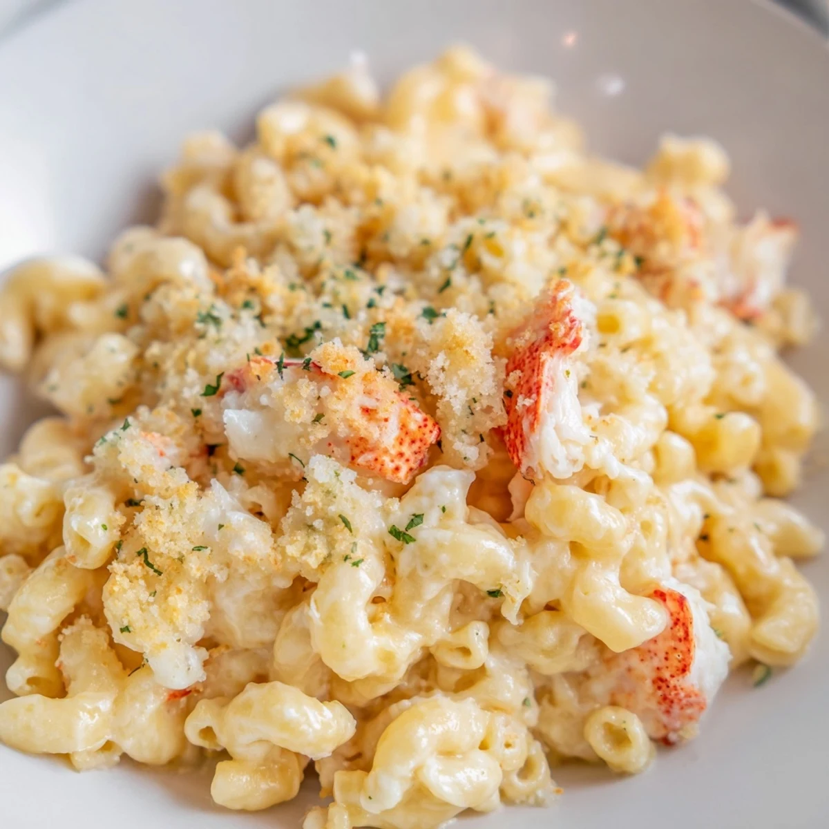 A close-up of golden Lobster Mac and Cheese with Truffle Oil bubbling in a baking dish, garnished with fresh parsley and visible chunks of succulent lobster meat. Steaming hot from the oven.