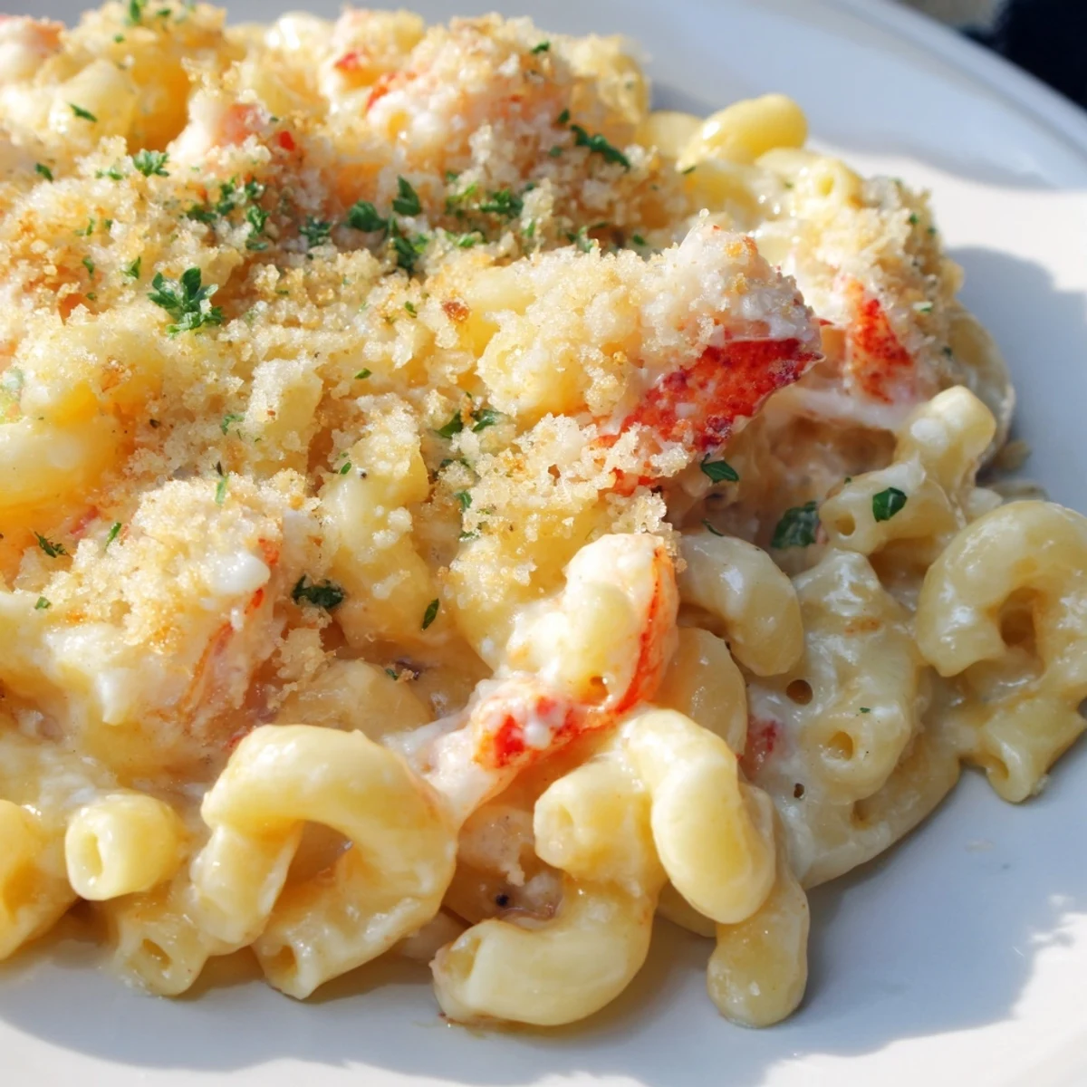 Crispy panko topping on rich Lobster Mac and Cheese with Truffle Oil, served in a white ceramic dish alongside a crisp green salad and a glass of white wine for a complete gourmet dinner.