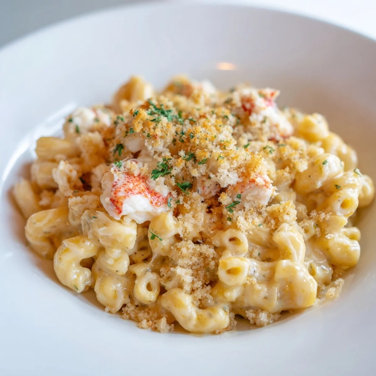 Freshly baked Lobster Mac and Cheese with Truffle Oil featuring a creamy, velvety cheese sauce, chopped lobster, and a drizzle of truffle oil over the top, ready to serve.