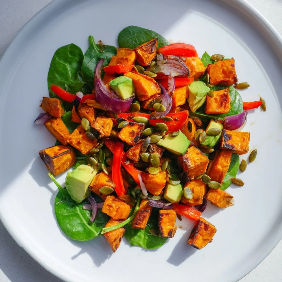 A vibrant bowl of Roasted Sweet Potato Salad with Lime, featuring crunchy pepitas and tender greens for a refreshing side.