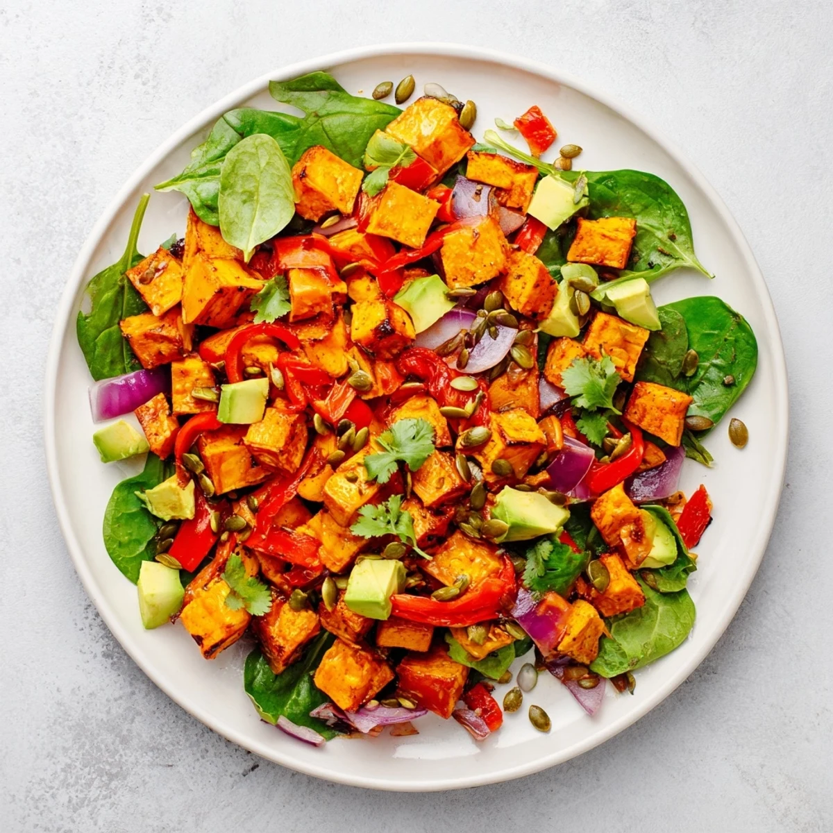 Roasted sweet potatoes with caramelized edges tossed in a zesty lime dressing, topped with fresh cilantro and avocado.