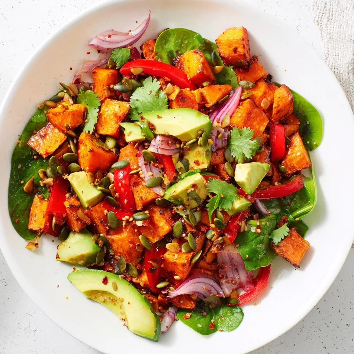 Golden roasted sweet potatoes, diced red bell peppers, and creamy avocado in a tangy lime dressing, served on a bed of arugula.