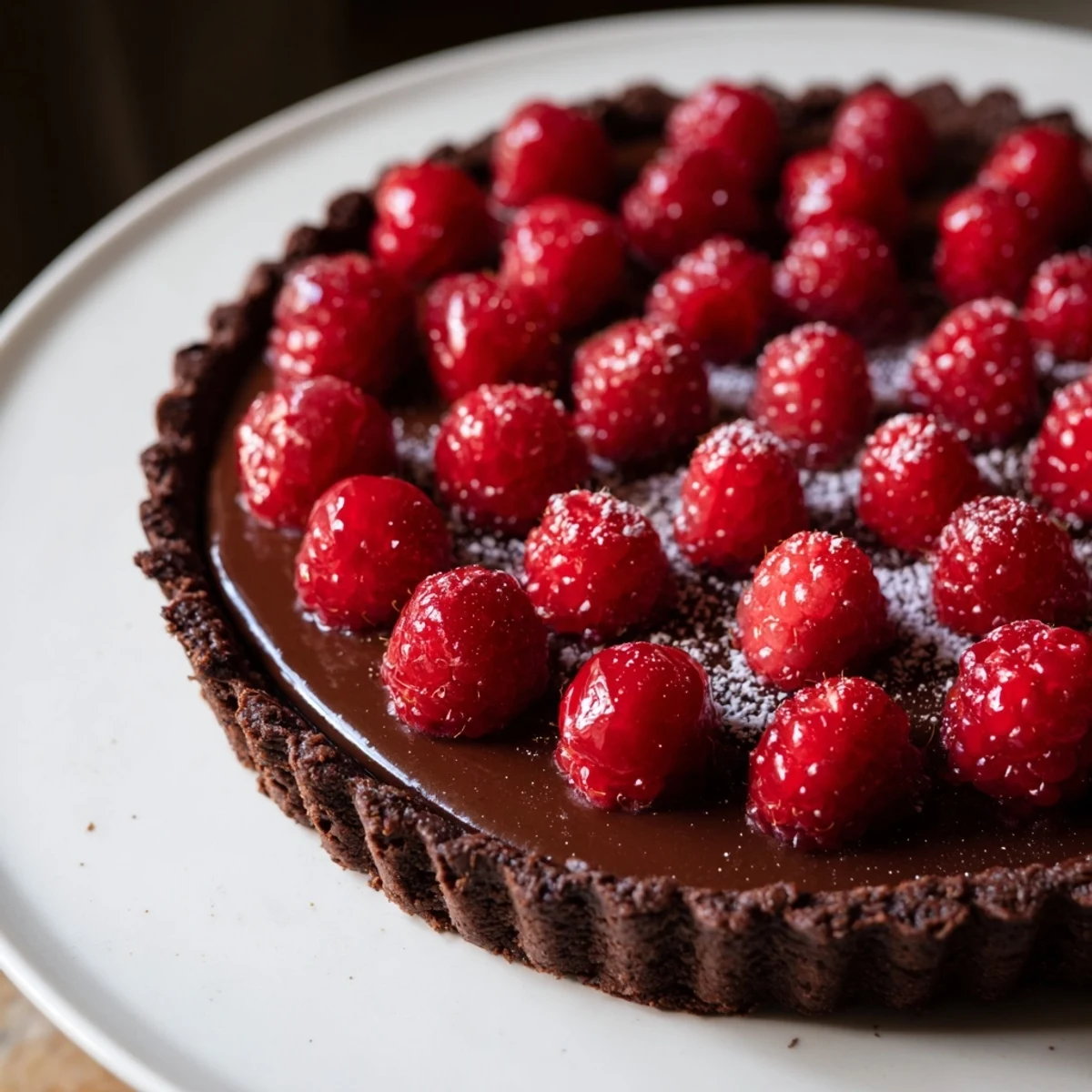 A close-up of a chocolate raspberry tart showcasing a glossy ganache filling and fresh berries on a rustic table.