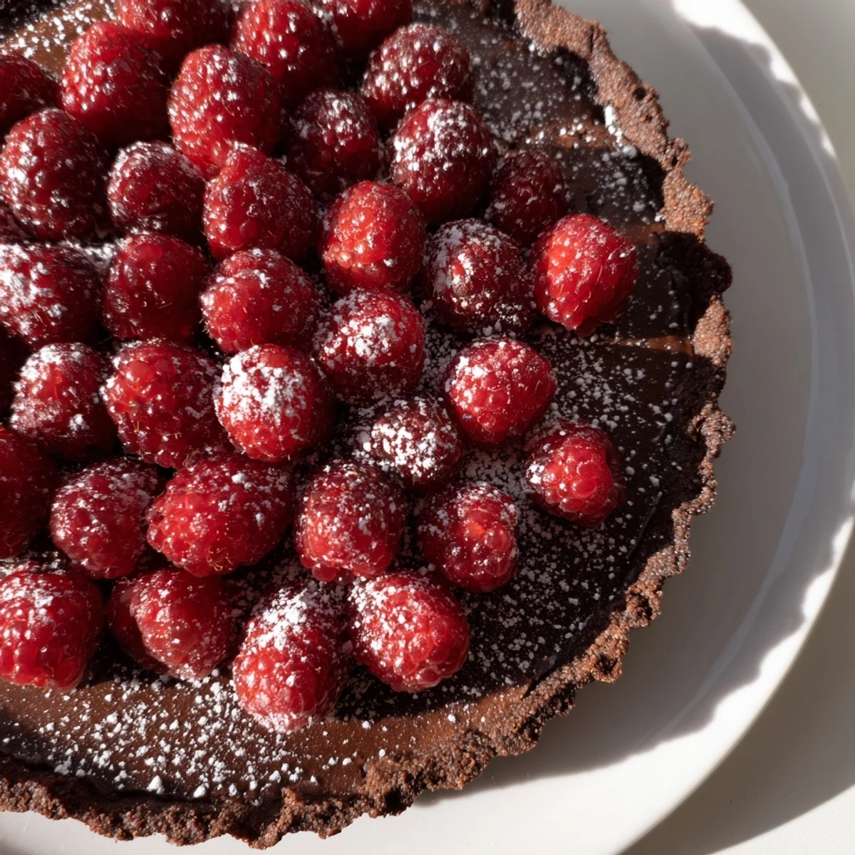 A slice of chocolate raspberry tart reveals a crisp chocolate crust and rich ganache, ready for serving.