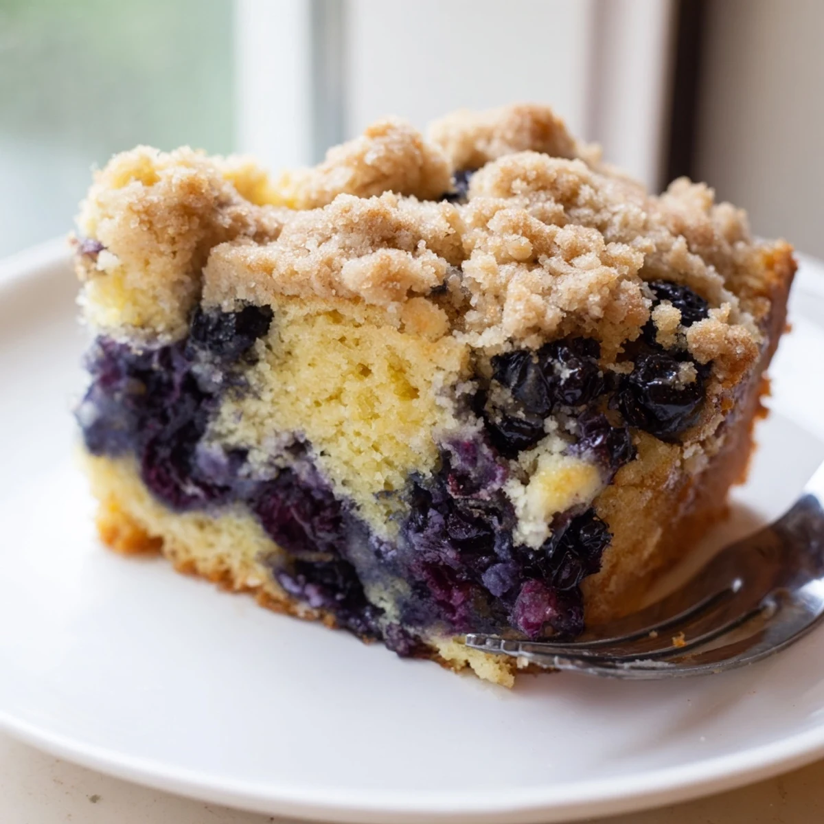 A slice of warm Lemon Blueberry Coffee Cake reveals juicy berries and a sweet crumble topping.  