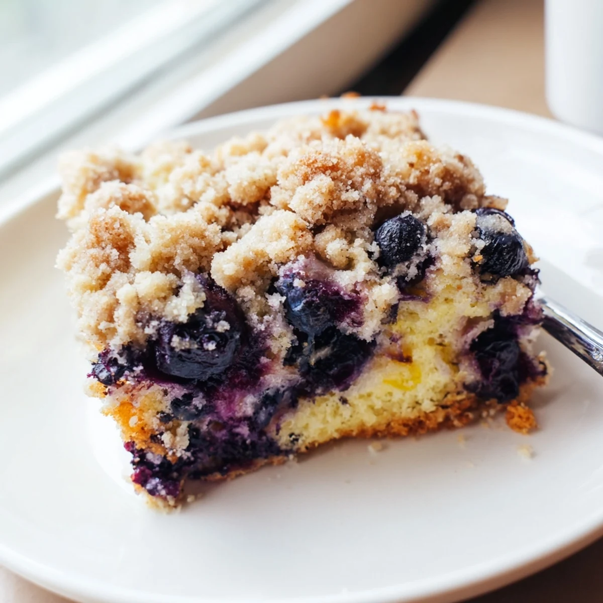 Golden-brown Lemon Blueberry Coffee Cake sits on a rustic plate with lemon zest and blueberries.  