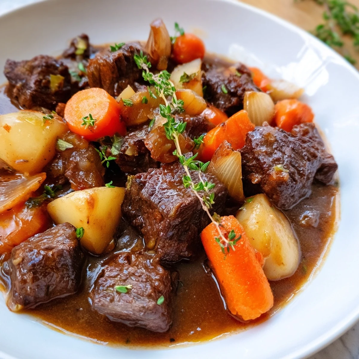 Steaming Irish Beef and Vegetable Stew in a rustic Dutch oven, featuring tender beef chunks, carrots, potatoes, and fresh thyme.