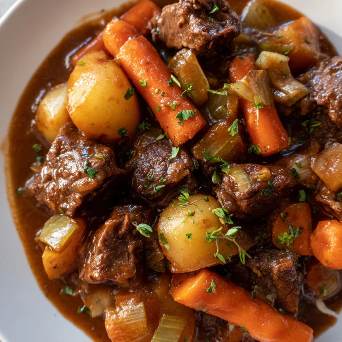 A hearty bowl of Irish Beef and Vegetable Stew garnished with parsley, served beside crusty bread for dipping into the savory broth.