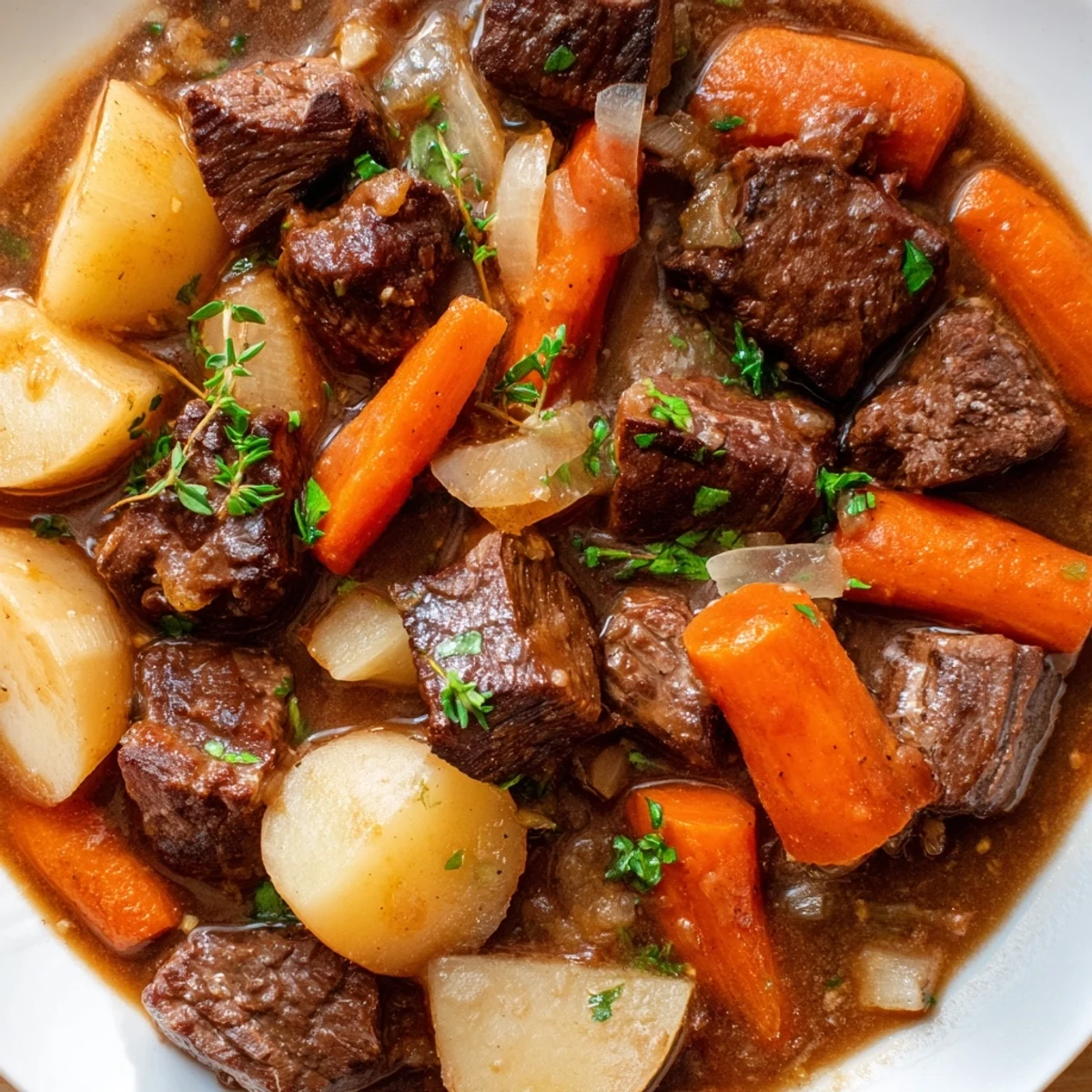 Golden brown beef cubes and soft root vegetables simmer in a rich, dark gravy, showcasing the comforting texture of classic Irish Beef and Vegetable Stew.
