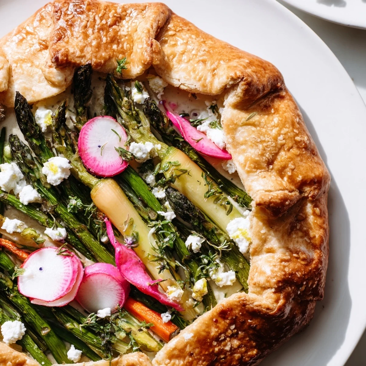 A golden, flaky Spring Vegetable Galette with goat cheese, featuring tender asparagus, radishes, and snap peas on a rustic tart.