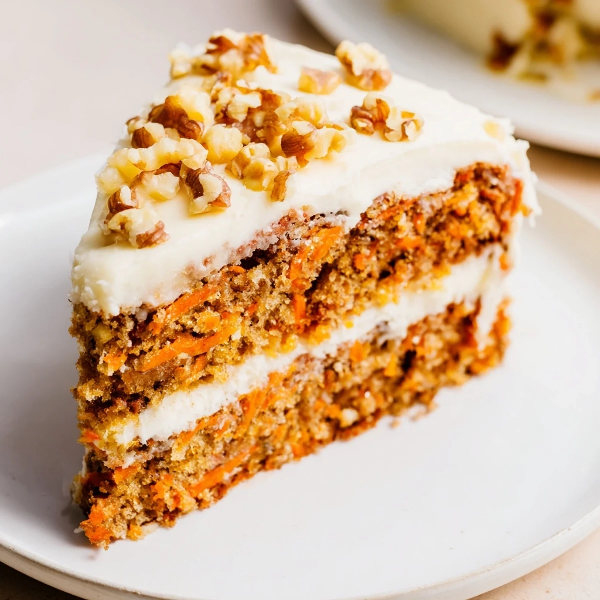 A close-up of a moist Easter Carrot Cake with Walnuts slice, showcasing tender crumbs and a generous swirl of creamy frosting.