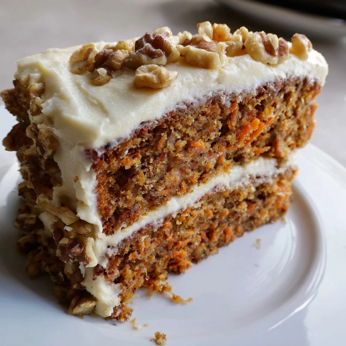 A whole Easter Carrot Cake with Walnuts, freshly frosted with cream cheese icing and garnished with chopped nuts on a wooden board.