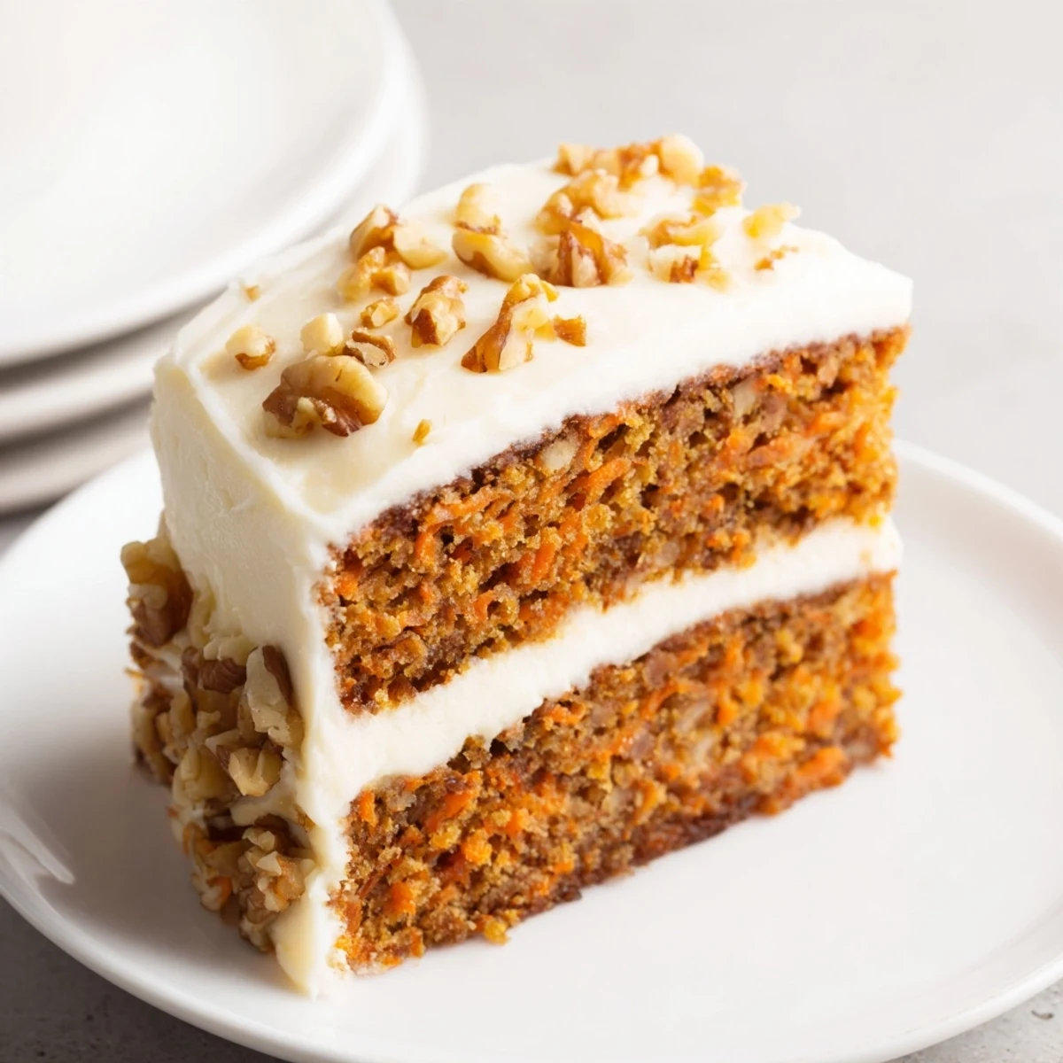 A slice of Easter Carrot Cake with Walnuts served on a pastel plate, perfect for a festive spring dessert celebration.