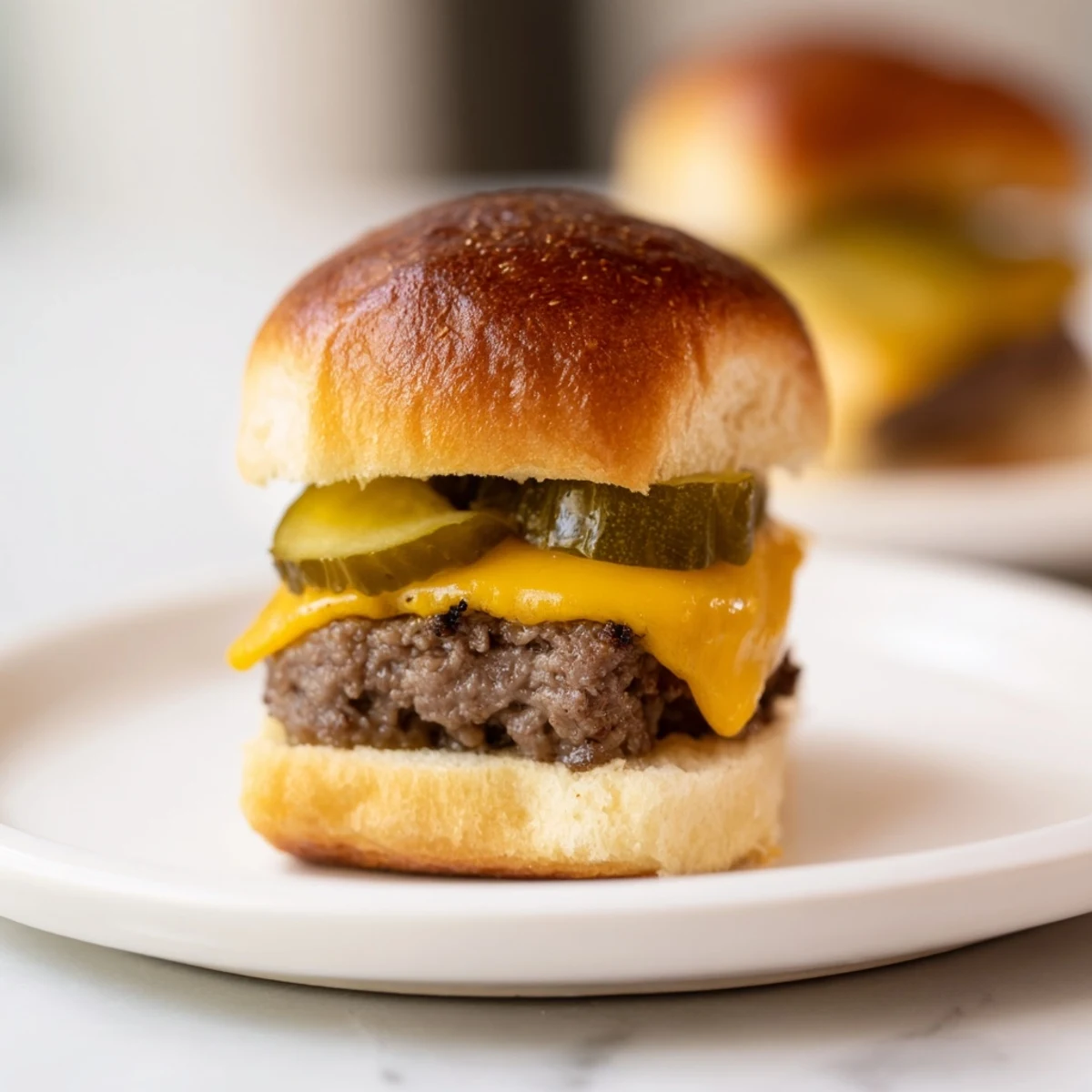 Golden Beef Sliders with Cheese and Pickles on a wooden board, melty cheddar dripping over juicy mini patties and tangy dill pickles.