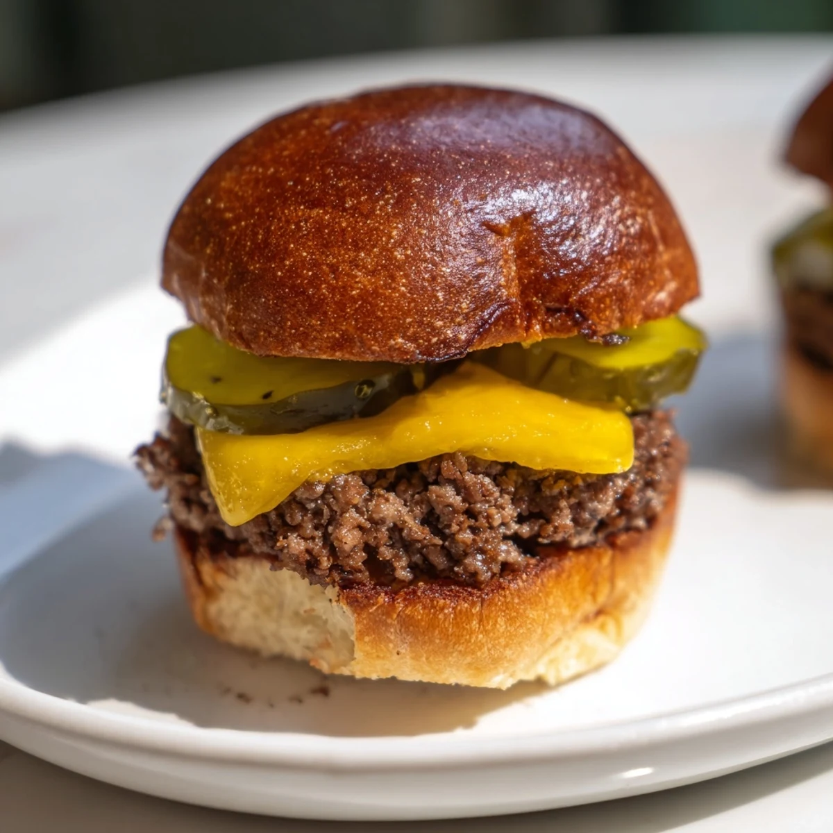Toasted slider buns hold Beef Sliders with Cheese and Pickles, perfect party bites with mustard and ketchup for a family game night.