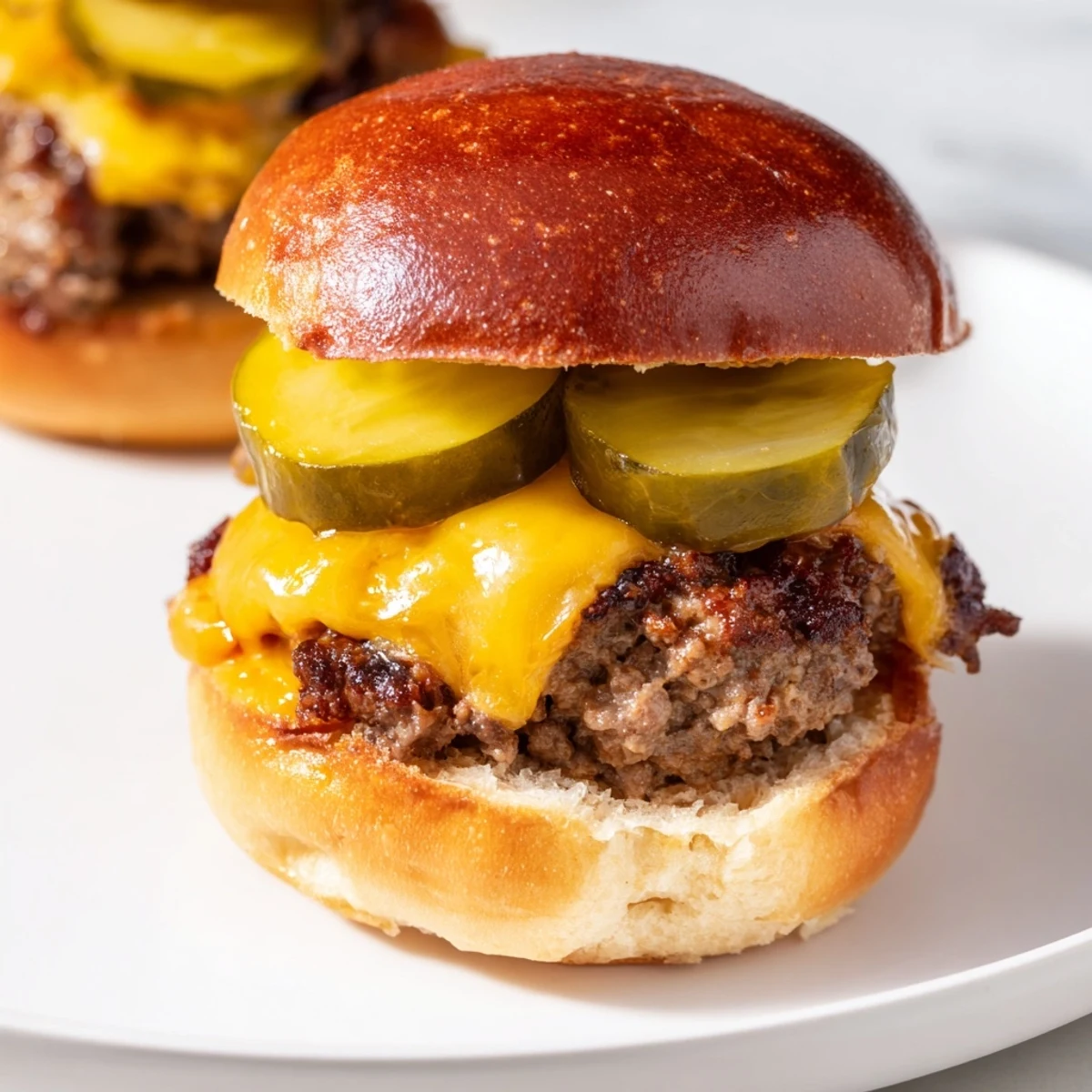 Close-up of Beef Sliders with Cheese and Pickles, melted cheddar on beef patties with crisp pickles, served with fries for a casual dinner.