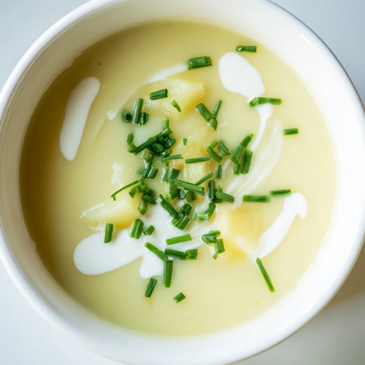 Creamy Potato Soup with Chives steaming in a rustic bowl, topped with chopped chives and served with crusty bread.  