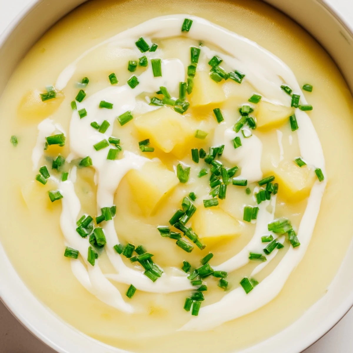 Smooth and velvety Creamy Potato Soup with Chives ladled into a bowl, garnished with fresh chives for a pop of color.