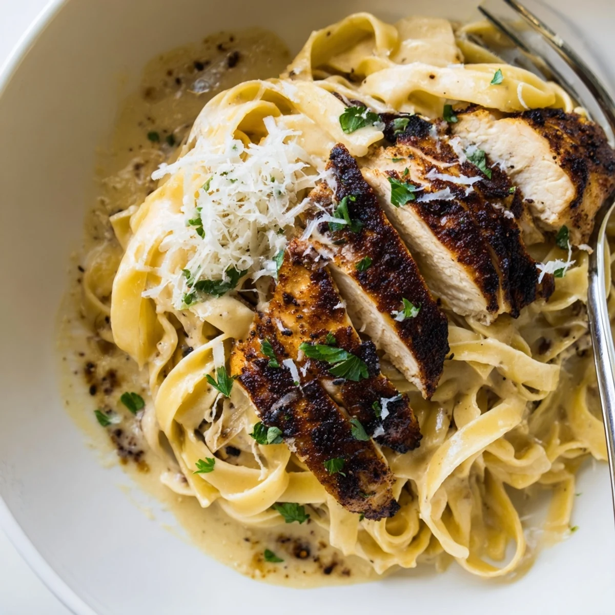 Golden-brown Cajun Blackened Chicken Alfredo fettuccine topped with creamy Parmesan sauce and fresh parsley.  