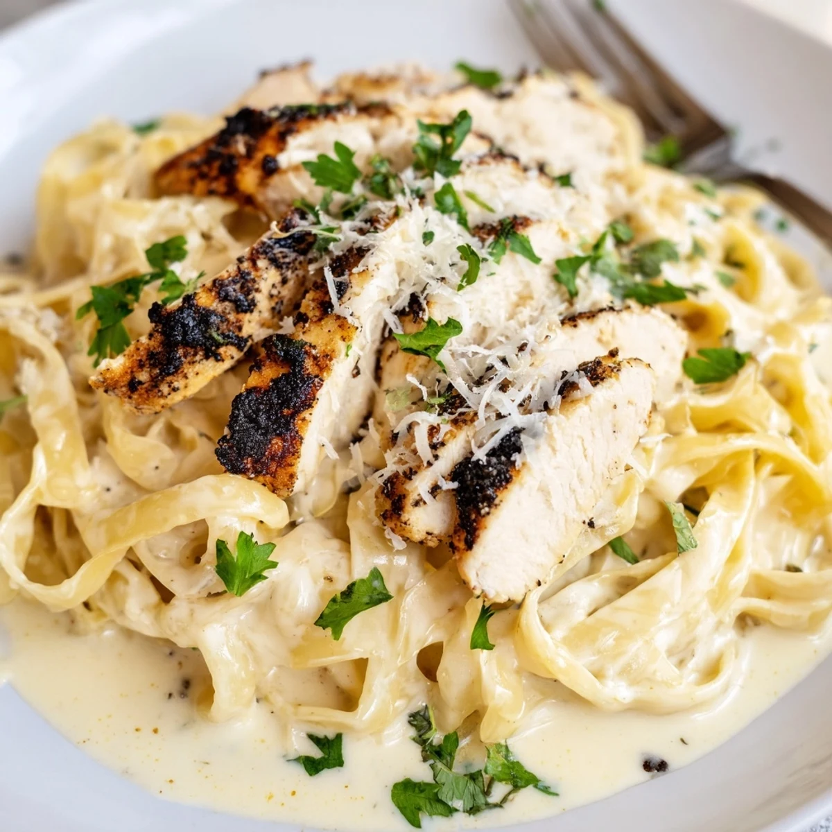 Spicy Cajun Blackened Chicken Alfredo plated with garlic bread and a crisp salad, ready for dinner.
