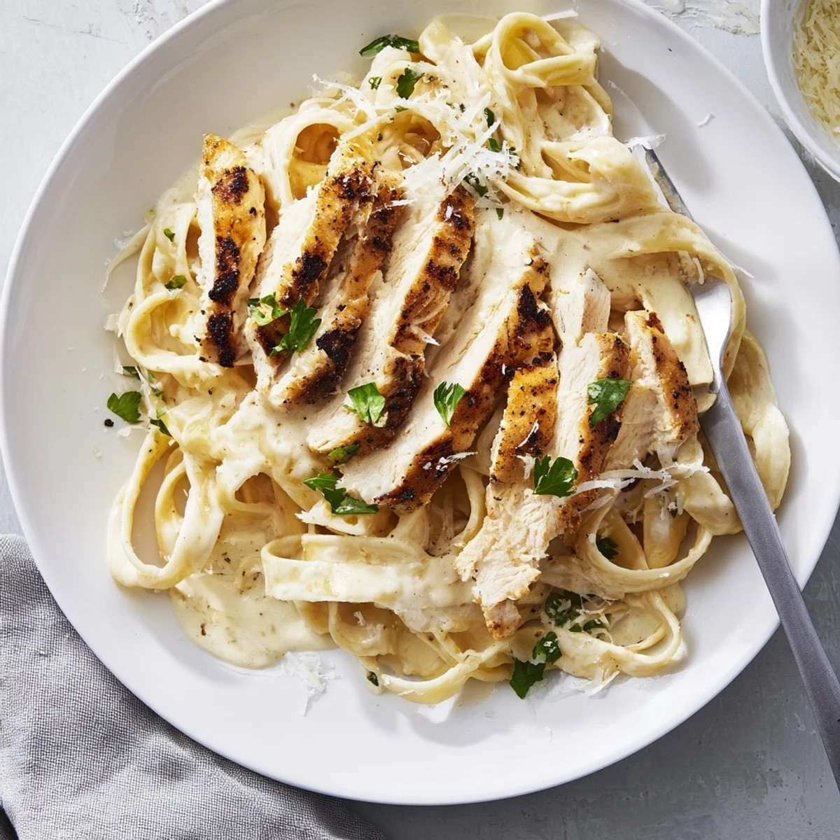 Tender blackened chicken slices rest on cheesy Cajun Blackened Chicken Alfredo, steam rising from the rich pasta.  
